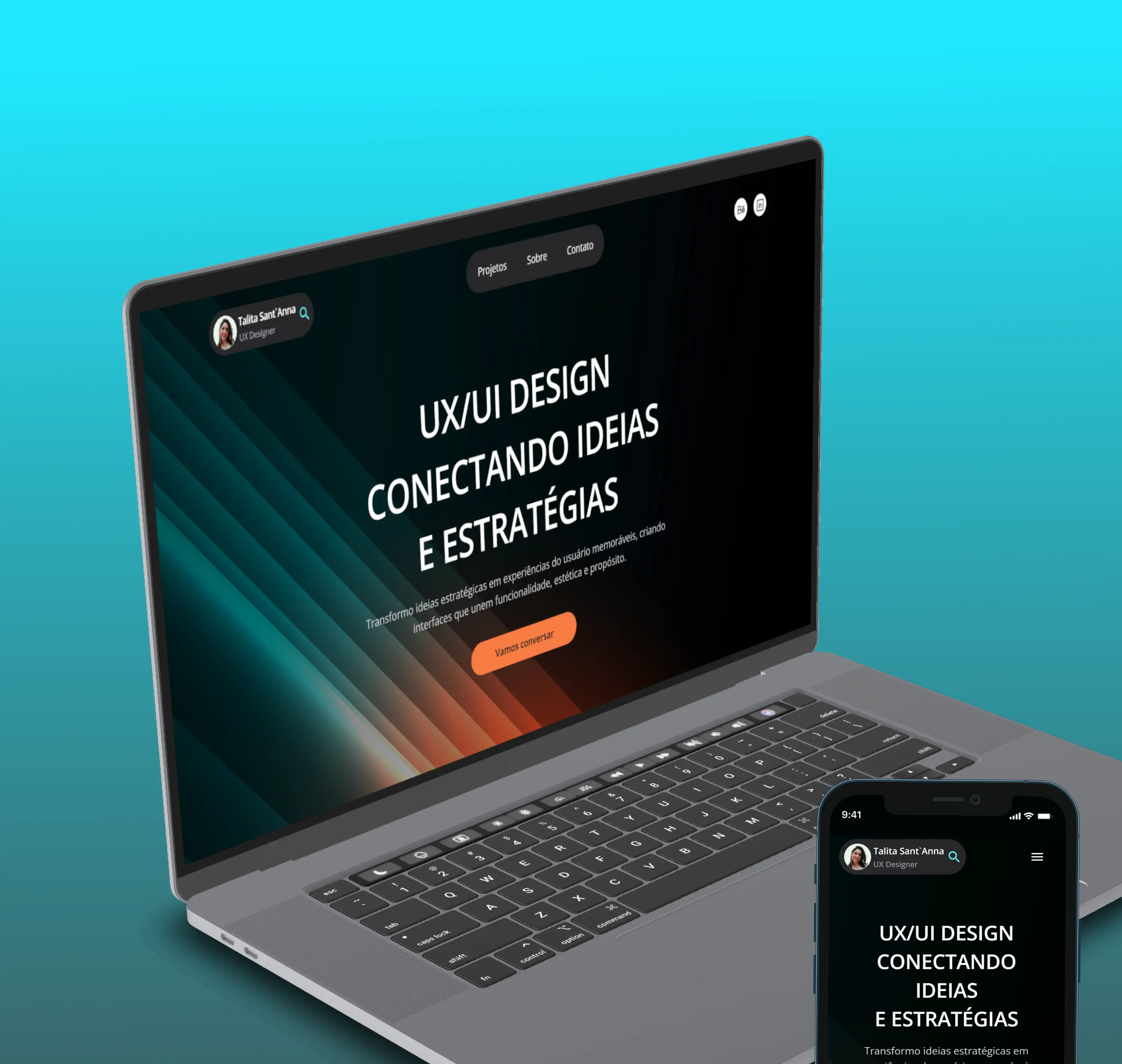 Portfólio de UX/UI Design em notebook e smartphone.