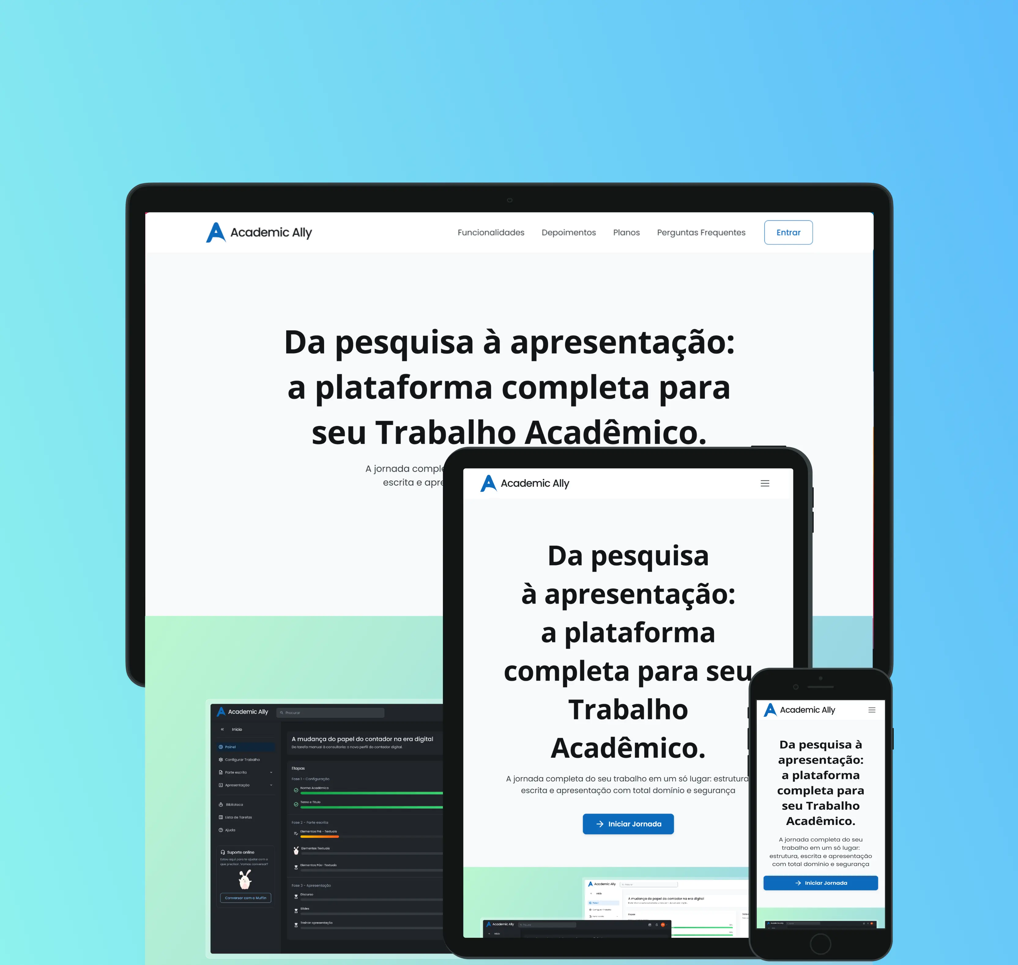 Mockup responsivo da plataforma Academic Ally em desktop, tablet e smartphone.